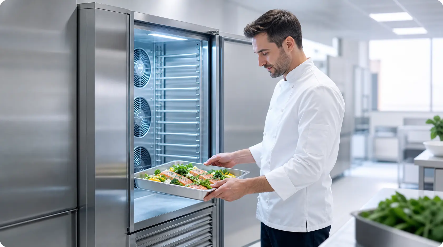 Chef inserindo bandeja de preparos em abatedor IRINOX em cozinha profissional